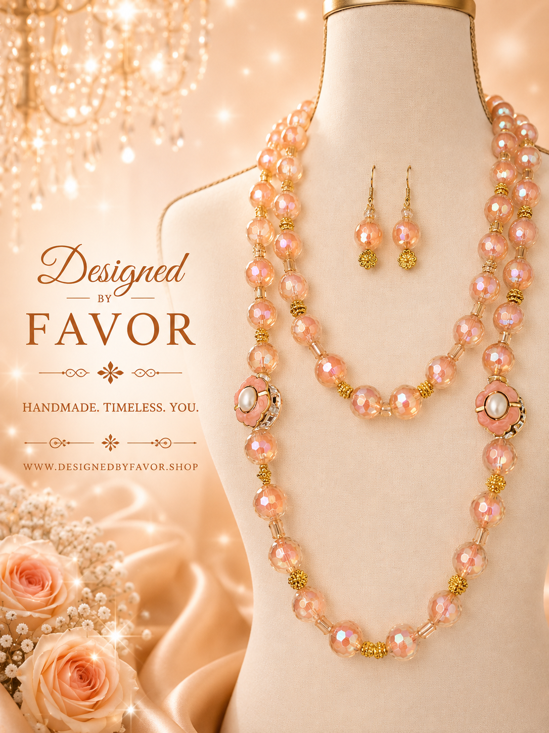 Pêche Dorée — Handcrafted Blush Crystal & Gold Filigree Double-Strand Necklace Set